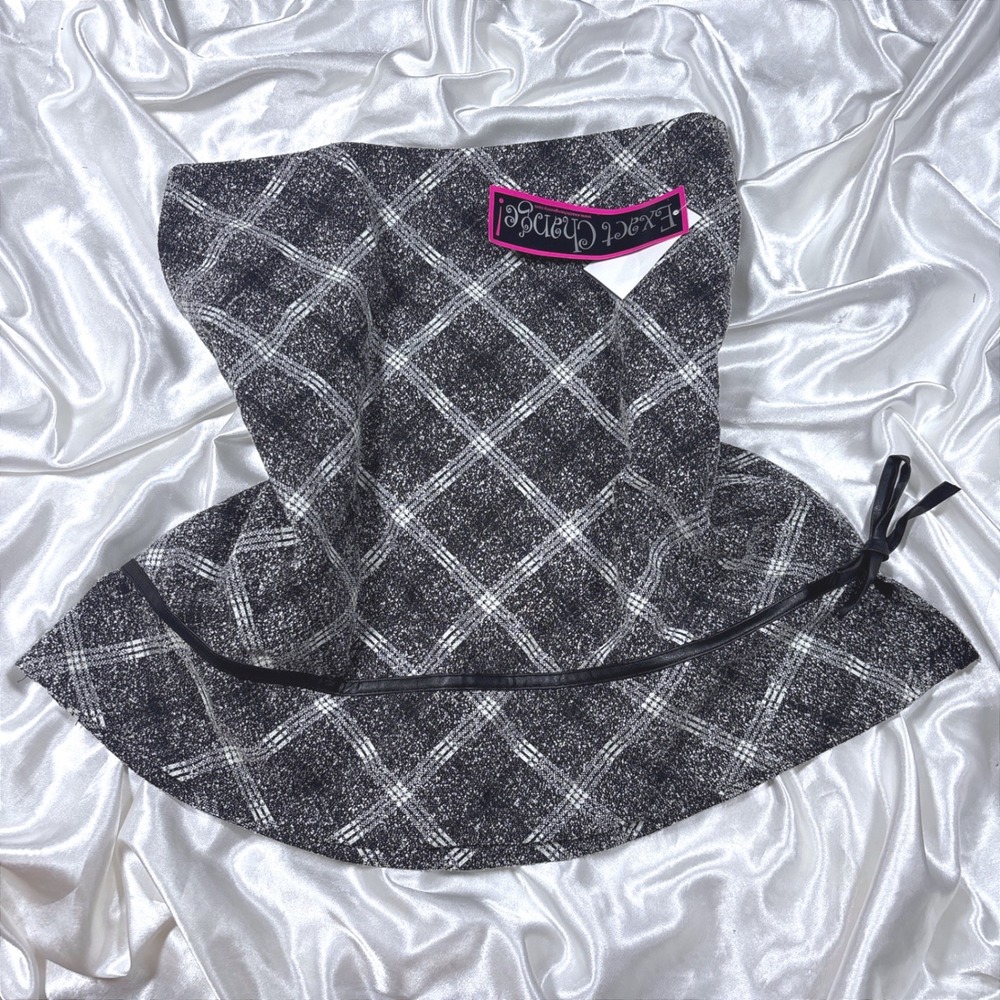 y2k Mini Skirt Black NWT Plaid Tweed Faux Leather Trim Bow Exact Change 9